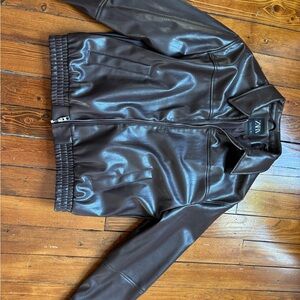 Zara Men's Dark Brown Leather Bomber Jacket